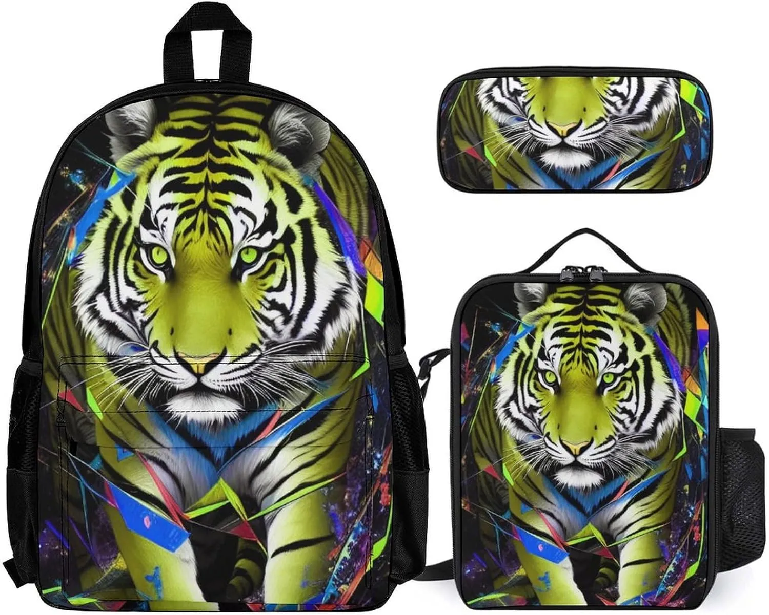 Supdreamc Adults Daypack - Trippy Tiger Animal Art Shoulder Bag 3 Piece College Travel Hiking & Camping Rucksack, 3 Piece Daypack Business Bag