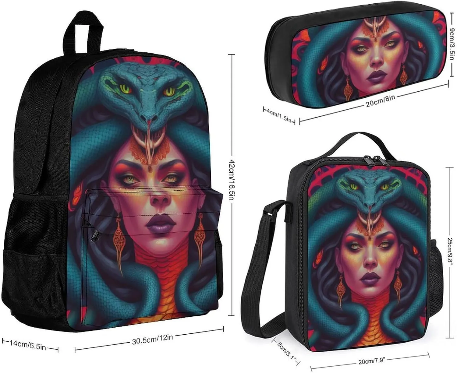 Supdreamc Adults Rucksack Sets - Ancient Greece Snake Queen Medusa Art Carry On Bag 3 Piece College Daypack Camping Outdoor Backpack, 3 Piece Daypack Climbing Shoulder Bag