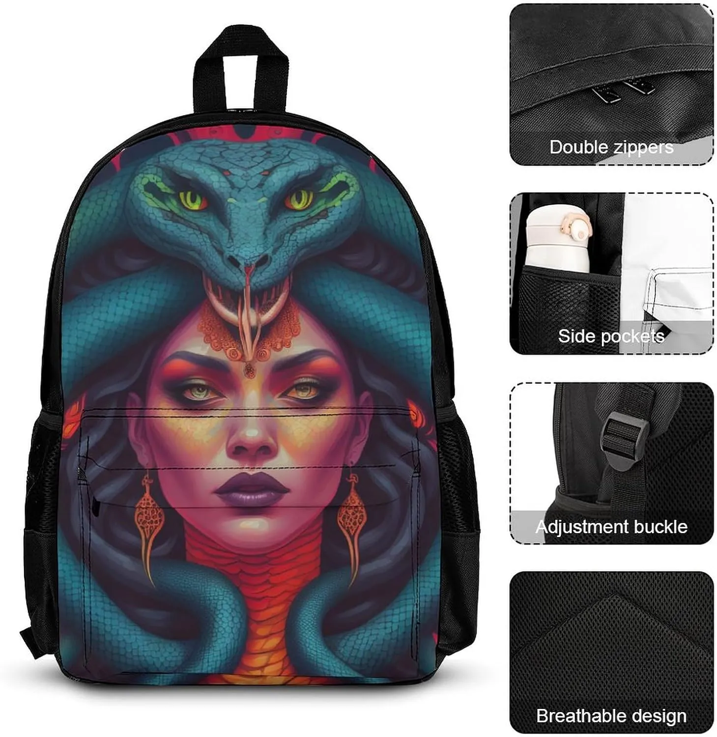 Supdreamc Adults Rucksack Sets - Ancient Greece Snake Queen Medusa Art Carry On Bag 3 Piece College Daypack Camping Outdoor Backpack, 3 Piece Daypack Climbing Shoulder Bag