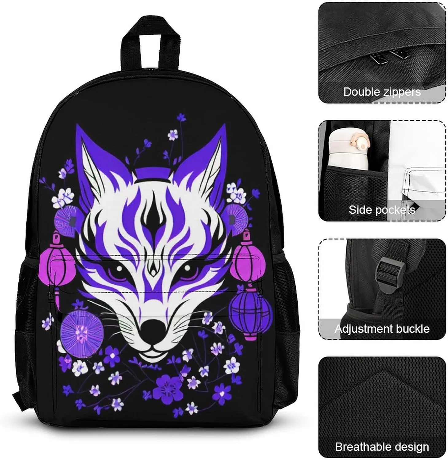 Supdreamc Backpack Sets 3 piece bag Mens Japanese Kitsune Fox Magical Flowers Art Book Bag   Lunch Bag   Pencil Case Cute Rucksack College Work Gym Carry On Bag, One Size