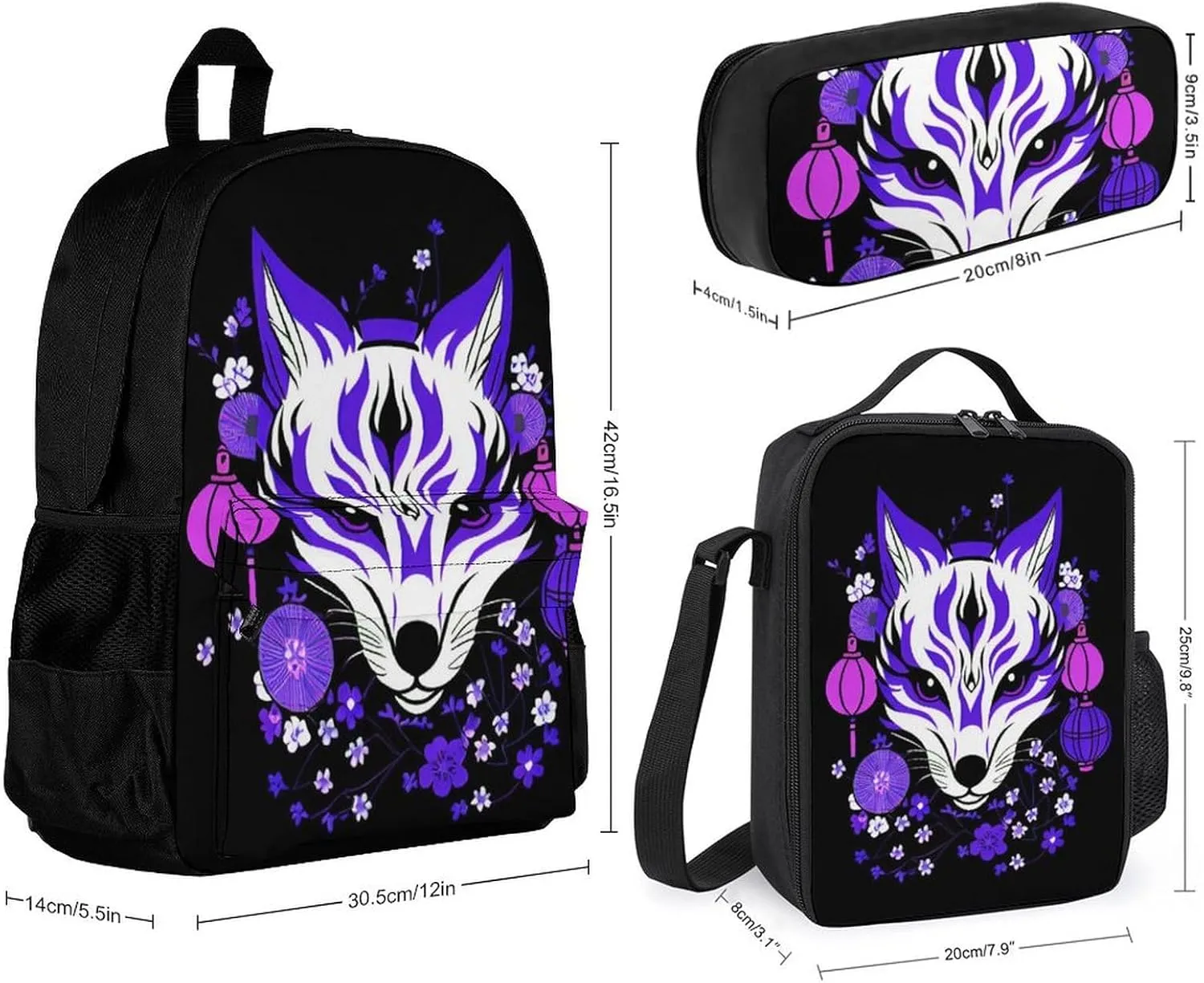 Supdreamc Backpack Sets 3 piece bag Mens Japanese Kitsune Fox Magical Flowers Art Book Bag   Lunch Bag   Pencil Case Cute Rucksack College Work Gym Carry On Bag, One Size