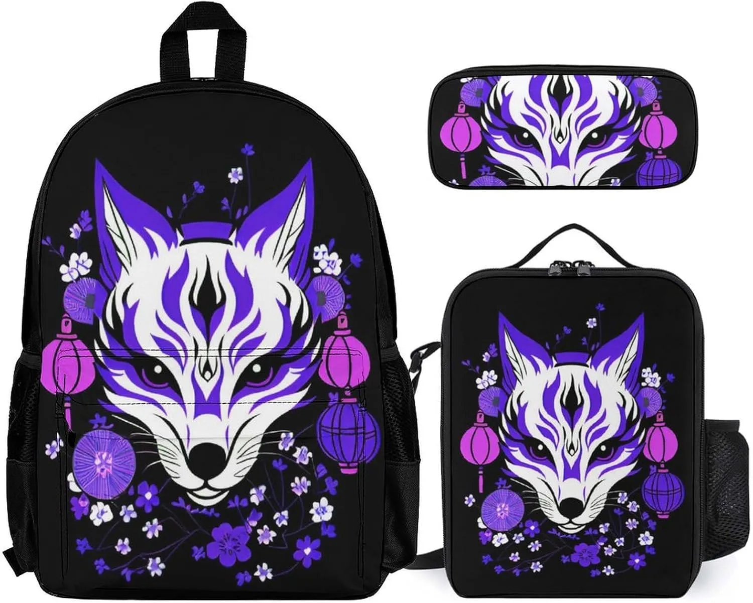 Supdreamc Backpack Sets 3 piece bag Mens Japanese Kitsune Fox Magical Flowers Art Book Bag   Lunch Bag   Pencil Case Cute Rucksack College Work Gym Carry On Bag, One Size
