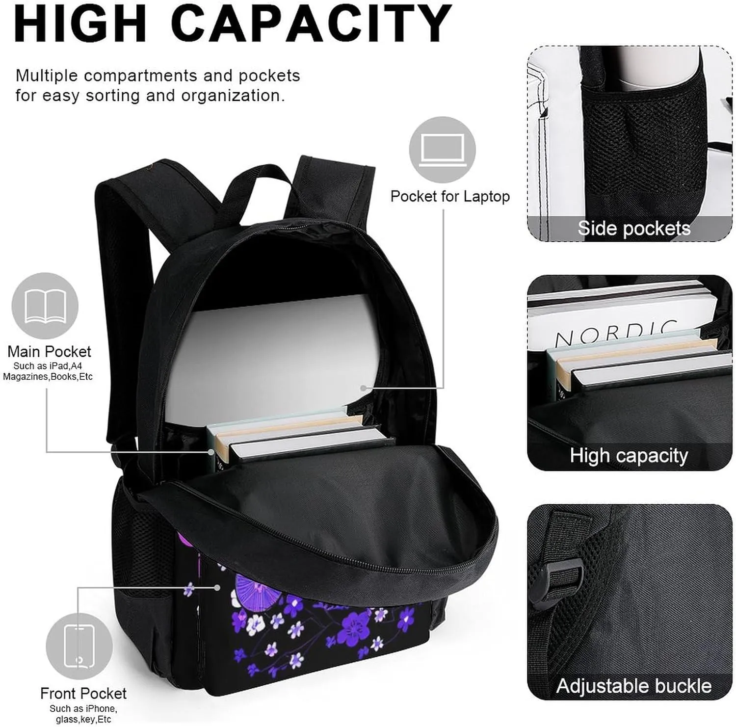 Supdreamc Backpack Sets 3 piece bag Mens Japanese Kitsune Fox Magical Flowers Art Book Bag   Lunch Bag   Pencil Case Cute Rucksack College Work Gym Carry On Bag, One Size