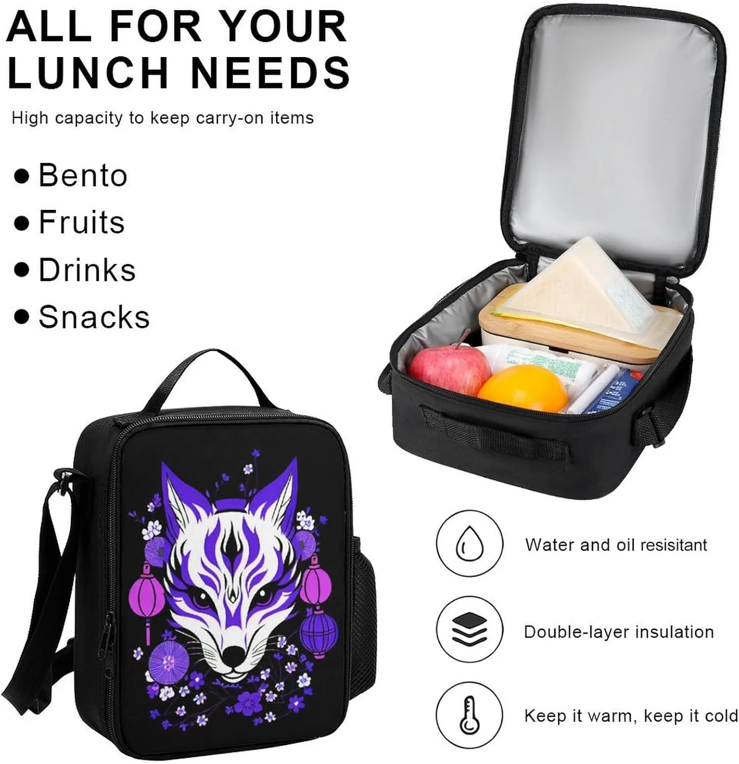 Supdreamc Backpack Sets 3 piece bag Mens Japanese Kitsune Fox Magical Flowers Art Book Bag   Lunch Bag   Pencil Case Cute Rucksack College Work Gym Carry On Bag, One Size