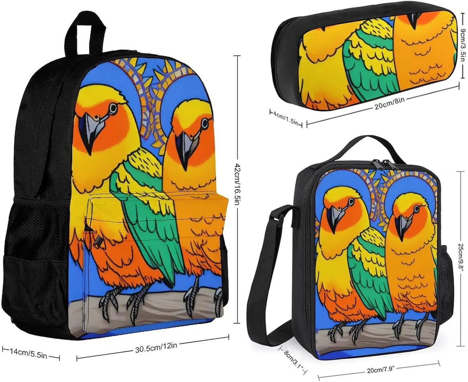 Supdreamc Backpack Sets Rucksack Large Capacity Carry On Bag Backpack   Lunch Bag   Pencil Case for Sports Travel Bicycle - Loquacious Birds Blue Art Rucksack