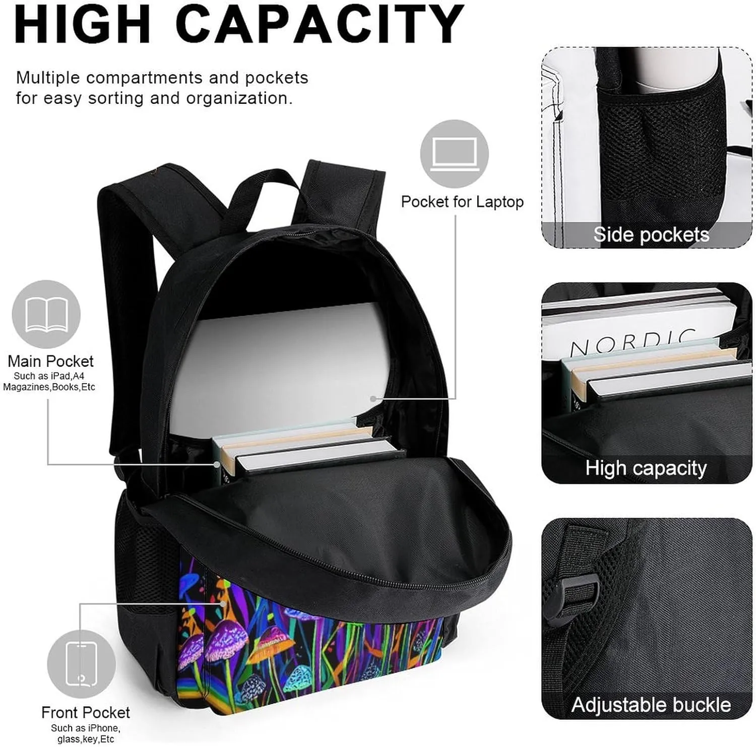 Supdreamc Backpack Sets Rucksack Large Capacity Carry On Bag Backpack   Lunch Bag   Pencil Case for Sports Travel Bicycle - Trippy Mushroom Butterflies Glowing Psychedelic Art Rucksack