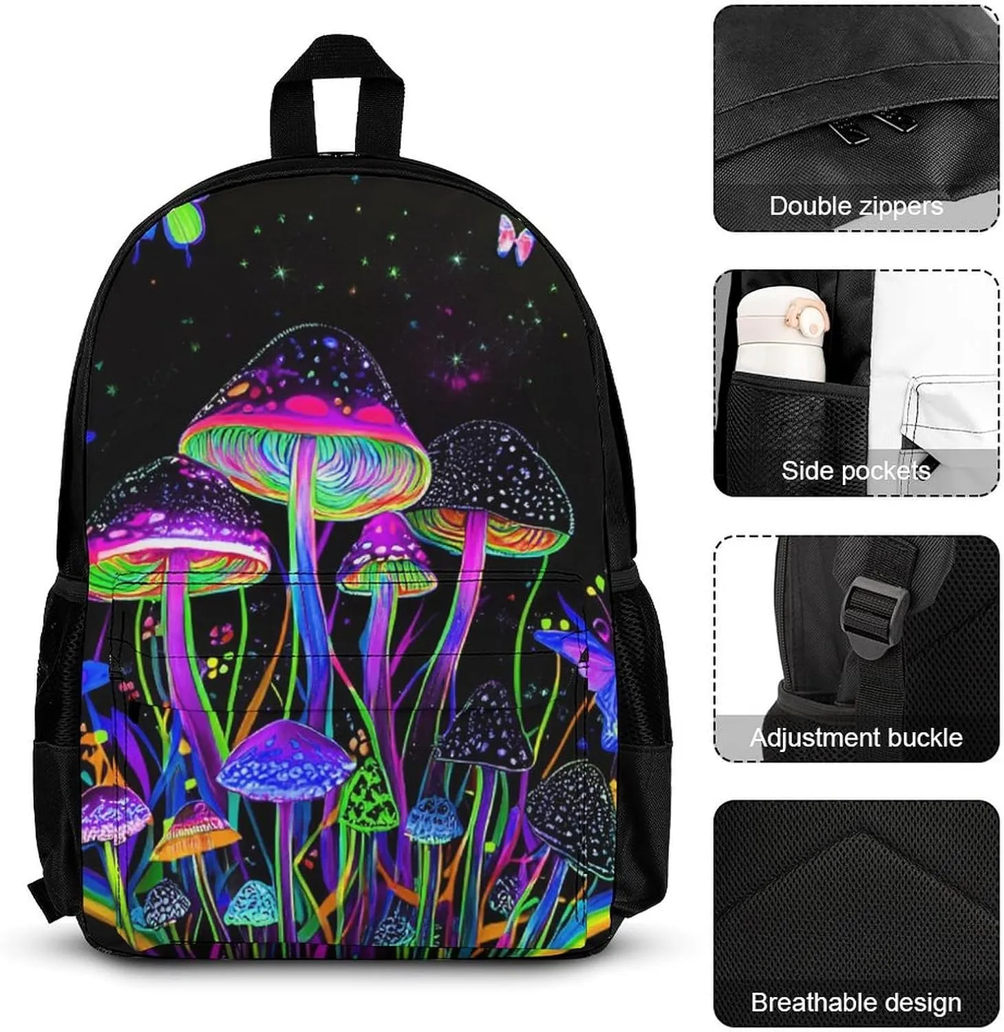 Supdreamc Backpack Sets Rucksack Large Capacity Carry On Bag Backpack   Lunch Bag   Pencil Case for Sports Travel Bicycle - Trippy Mushroom Butterflies Glowing Psychedelic Art Rucksack