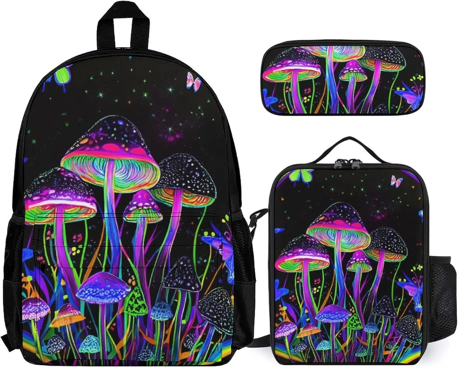 Supdreamc Backpack Sets Rucksack Large Capacity Carry On Bag Backpack   Lunch Bag   Pencil Case for Sports Travel Bicycle - Trippy Mushroom Butterflies Glowing Psychedelic Art Rucksack