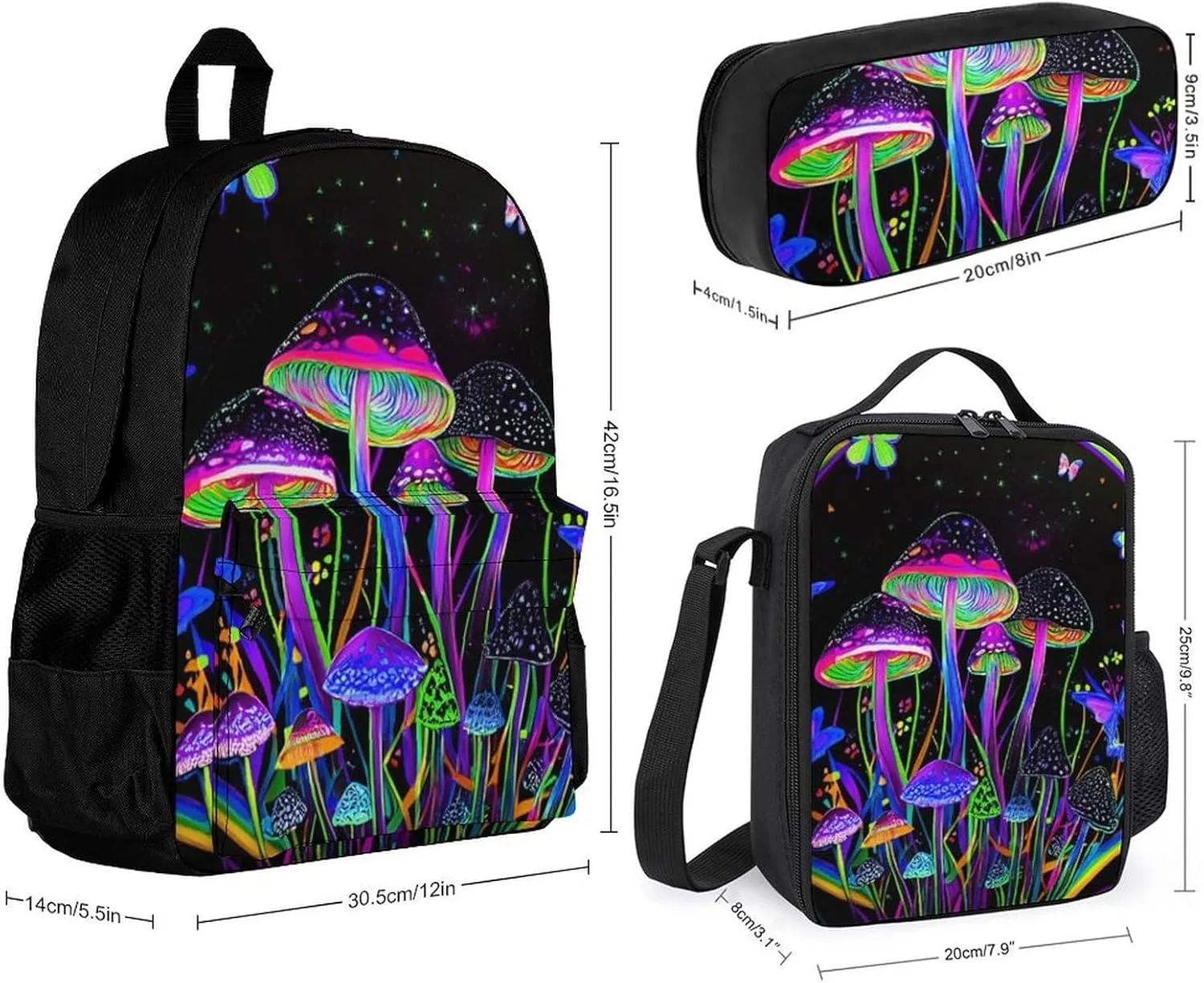 Supdreamc Backpack Sets Rucksack Large Capacity Carry On Bag Backpack   Lunch Bag   Pencil Case for Sports Travel Bicycle - Trippy Mushroom Butterflies Glowing Psychedelic Art Rucksack