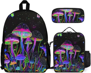 Supdreamc Backpack Sets Rucksack Large Capacity Carry On Bag Backpack   Lunch Bag   Pencil Case for Sports Travel Bicycle - Trippy Mushroom Butterflies Glowing Psychedelic Art Rucksack