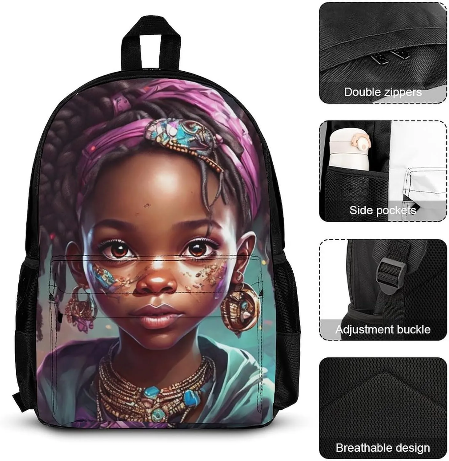 Supdreamc Big Capacity Rucksack, Afro Women African American Black Woman Art Bookbag, 3 Piece College Daypack, Travel Hiking Backpack Rucksack   Lunch Bag   Pencil Bag, One Size