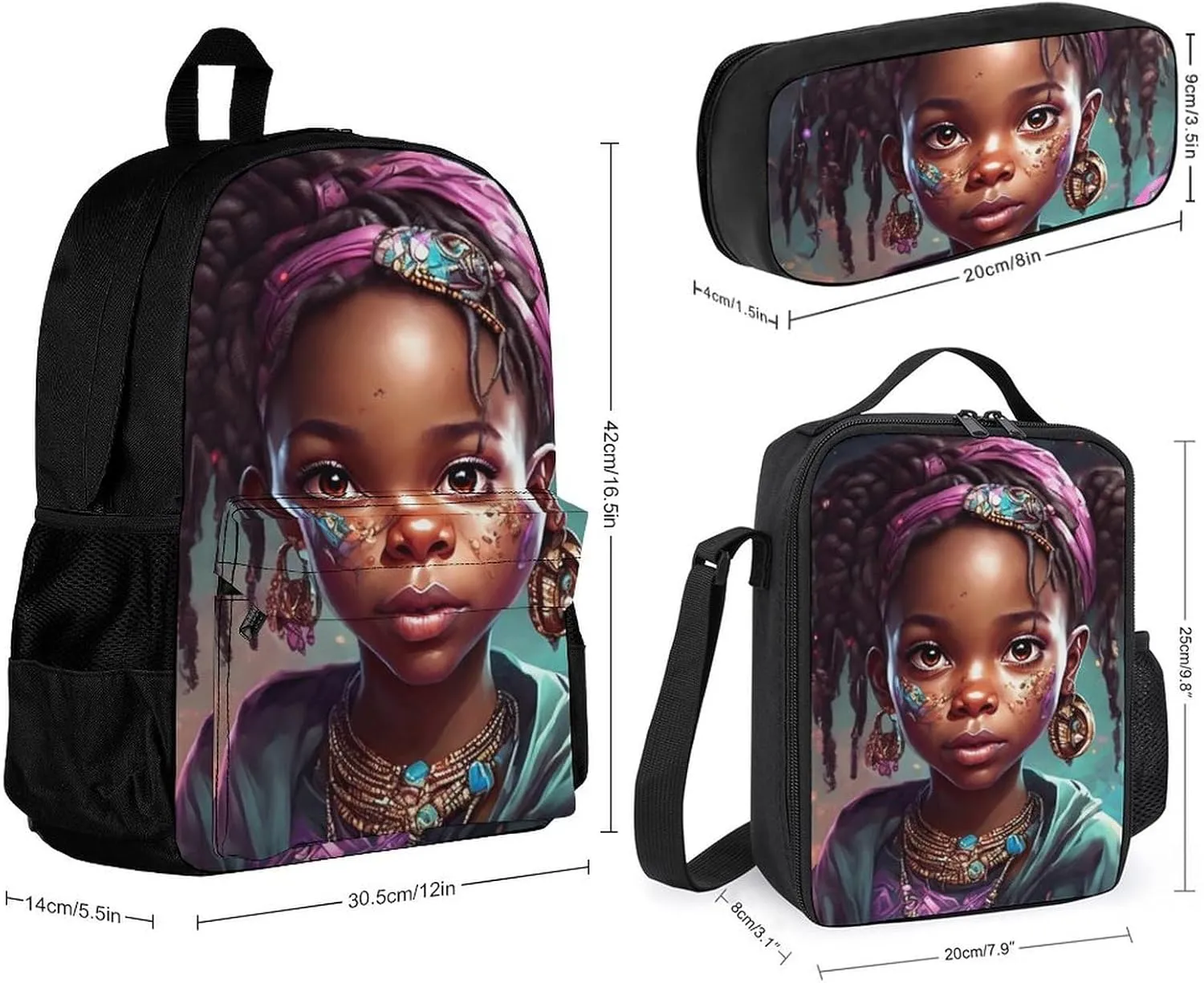 Supdreamc Big Capacity Rucksack, Afro Women African American Black Woman Art Bookbag, 3 Piece College Daypack, Travel Hiking Backpack Rucksack   Lunch Bag   Pencil Bag, One Size