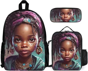 Supdreamc Big Capacity Rucksack, Afro Women African American Black Woman Art Bookbag, 3 Piece College Daypack, Travel Hiking Backpack Rucksack   Lunch Bag   Pencil Bag, One Size