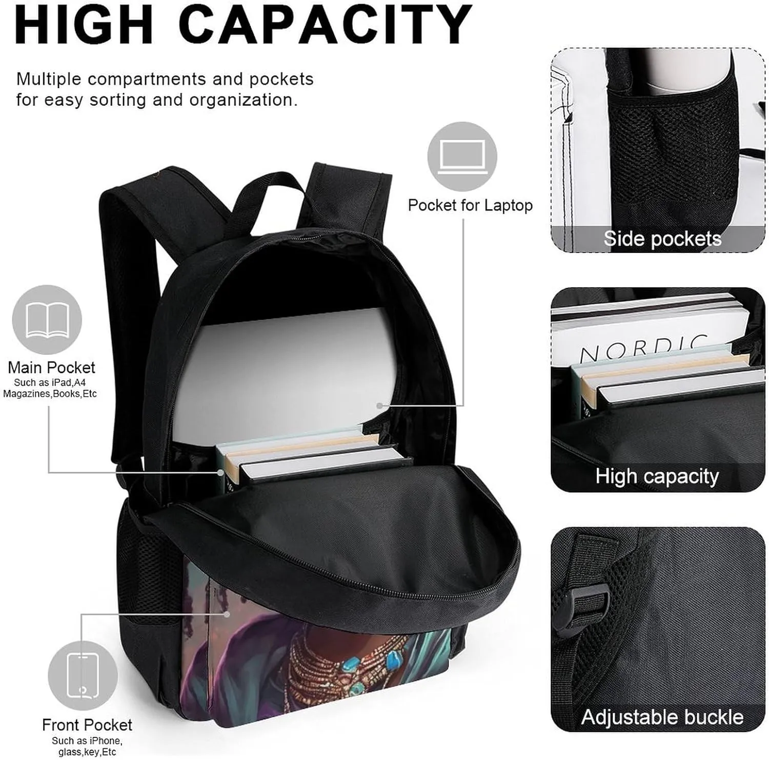 Supdreamc Big Capacity Rucksack, Afro Women African American Black Woman Art Bookbag, 3 Piece College Daypack, Travel Hiking Backpack Rucksack   Lunch Bag   Pencil Bag, One Size