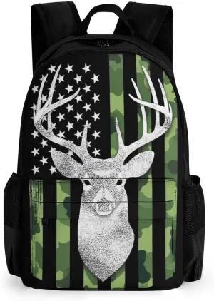 Supdreamc Camouflage American Flag Hunting Deer Camo Backpack Polyester Anti-Theft Multipurpose Bookbag Large Capacity Laptop Book Bag Rucksack With Side Pockets