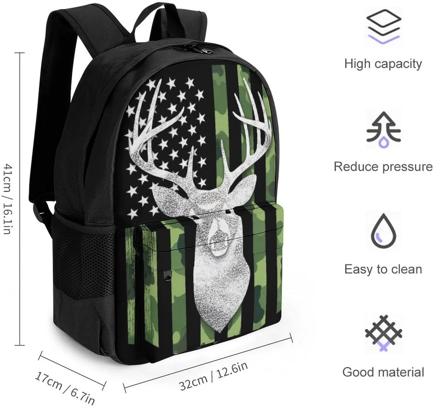 Supdreamc Camouflage American Flag Hunting Deer Camo Backpack Polyester Anti-Theft Multipurpose Bookbag Large Capacity Laptop Book Bag Rucksack With Side Pockets