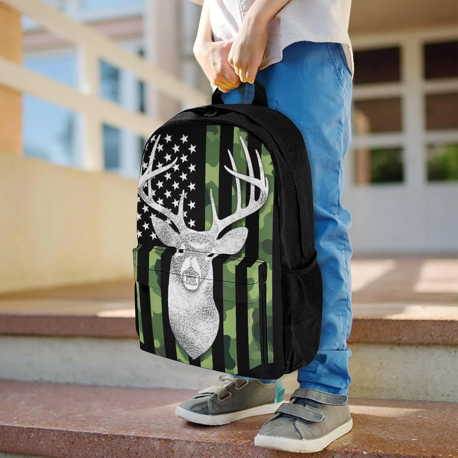 Supdreamc Camouflage American Flag Hunting Deer Camo Backpack Polyester Anti-Theft Multipurpose Bookbag Large Capacity Laptop Book Bag Rucksack With Side Pockets