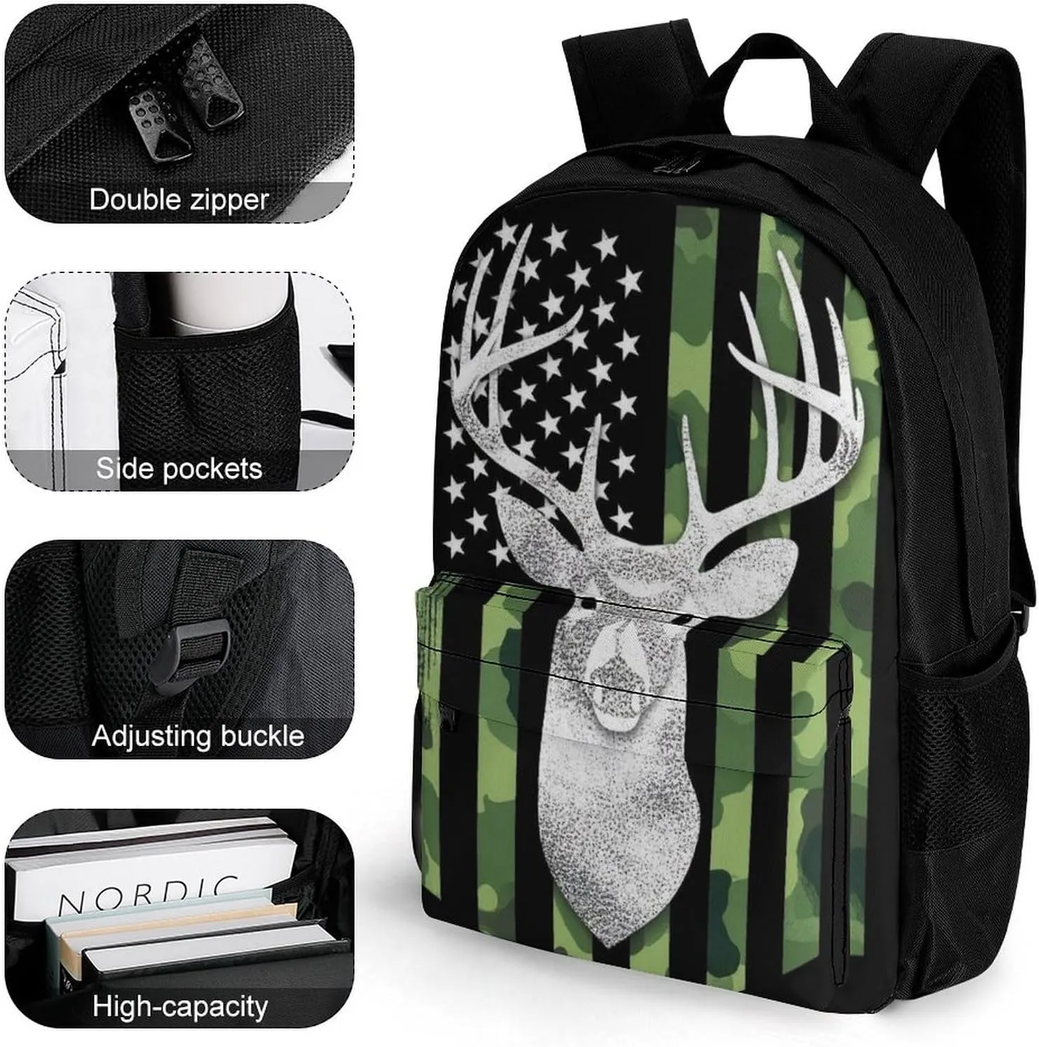 Supdreamc Camouflage American Flag Hunting Deer Camo Backpack Polyester Anti-Theft Multipurpose Bookbag Large Capacity Laptop Book Bag Rucksack With Side Pockets