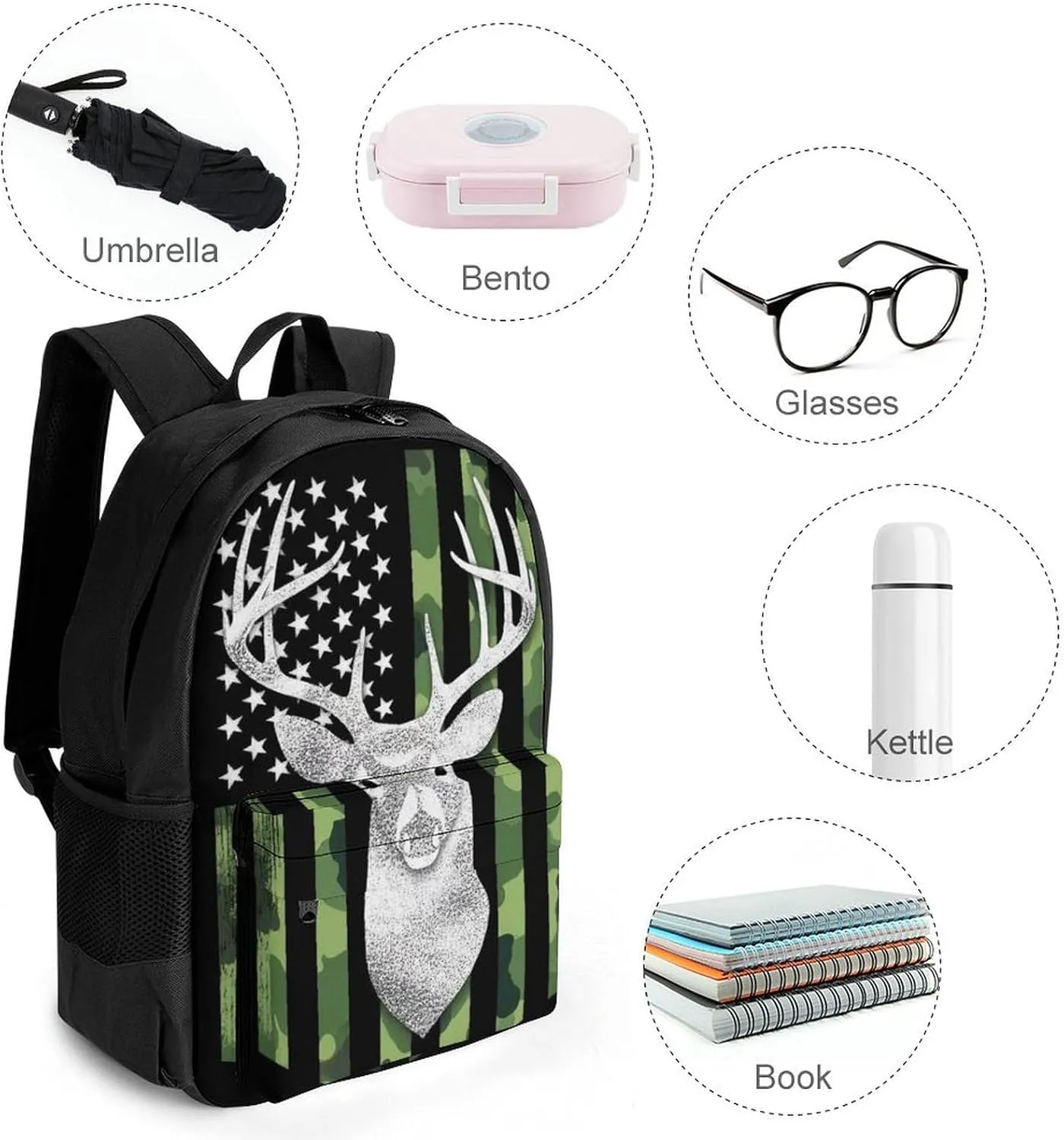 Supdreamc Camouflage American Flag Hunting Deer Camo Backpack Polyester Anti-Theft Multipurpose Bookbag Large Capacity Laptop Book Bag Rucksack With Side Pockets