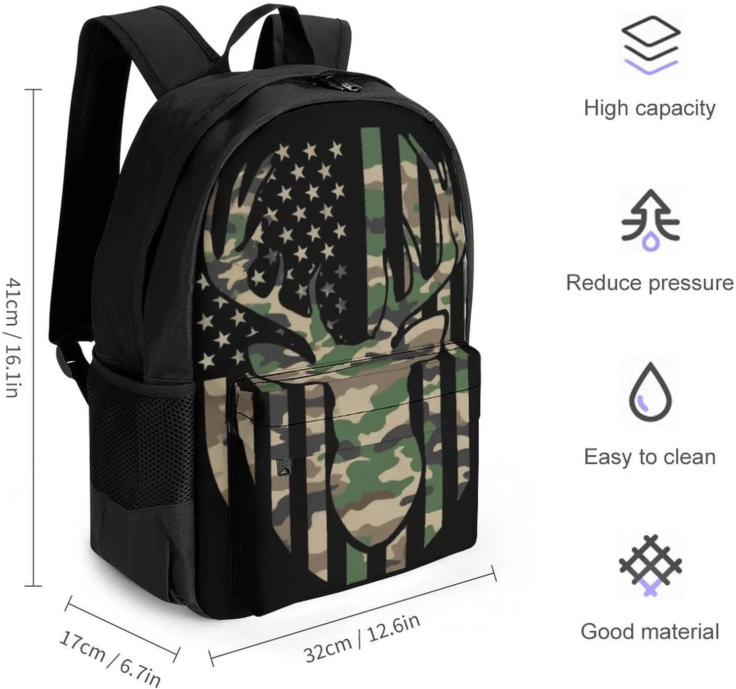 Supdreamc Camouflage American Flag Hunting Deer Camo Black Shoulder Book Bags Polyester Multipurpose Anti-Theft Carry On Bag Large Capacity Travel Hiking & Camping Rucksack