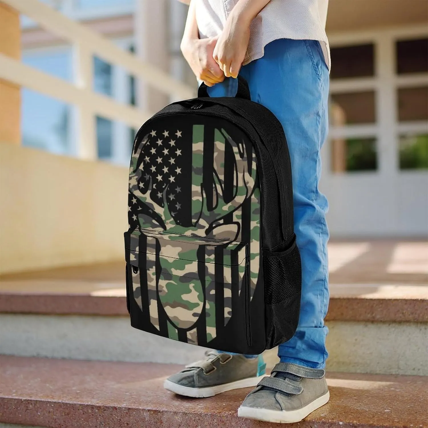 Supdreamc Camouflage American Flag Hunting Deer Camo Black Shoulder Book Bags Polyester Multipurpose Anti-Theft Carry On Bag Large Capacity Travel Hiking & Camping Rucksack