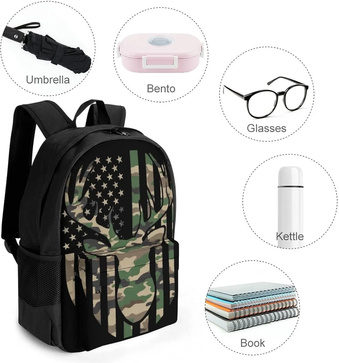 Supdreamc Camouflage American Flag Hunting Deer Camo Black Shoulder Book Bags Polyester Multipurpose Anti-Theft Carry On Bag Large Capacity Travel Hiking & Camping Rucksack