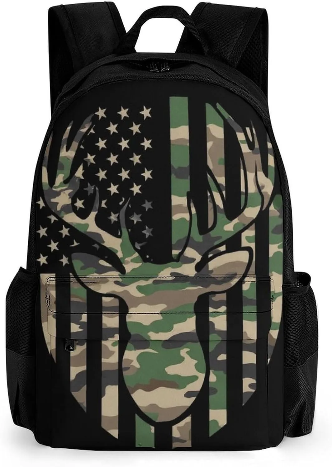 Supdreamc Camouflage American Flag Hunting Deer Camo Black Shoulder Book Bags Polyester Multipurpose Anti-Theft Carry On Bag Large Capacity Travel Hiking & Camping Rucksack