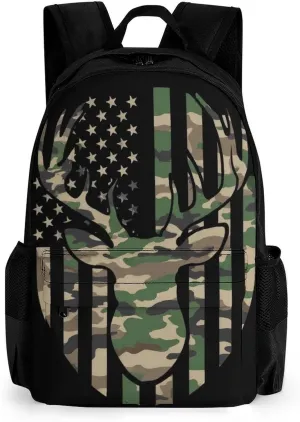 Supdreamc Camouflage American Flag Hunting Deer Camo Black Shoulder Book Bags Polyester Multipurpose Anti-Theft Carry On Bag Large Capacity Travel Hiking & Camping Rucksack