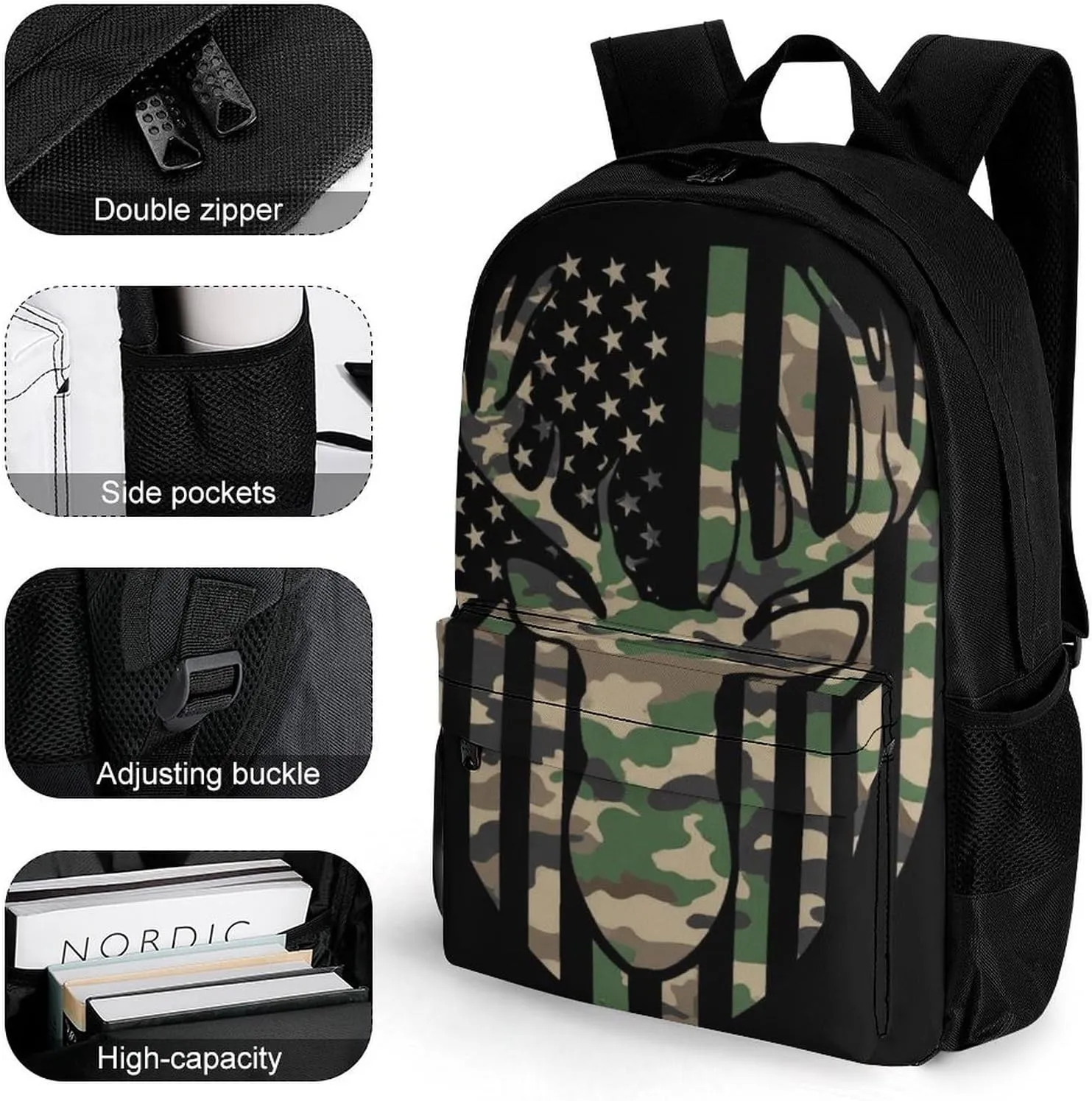 Supdreamc Camouflage American Flag Hunting Deer Camo Black Shoulder Book Bags Polyester Multipurpose Anti-Theft Carry On Bag Large Capacity Travel Hiking & Camping Rucksack