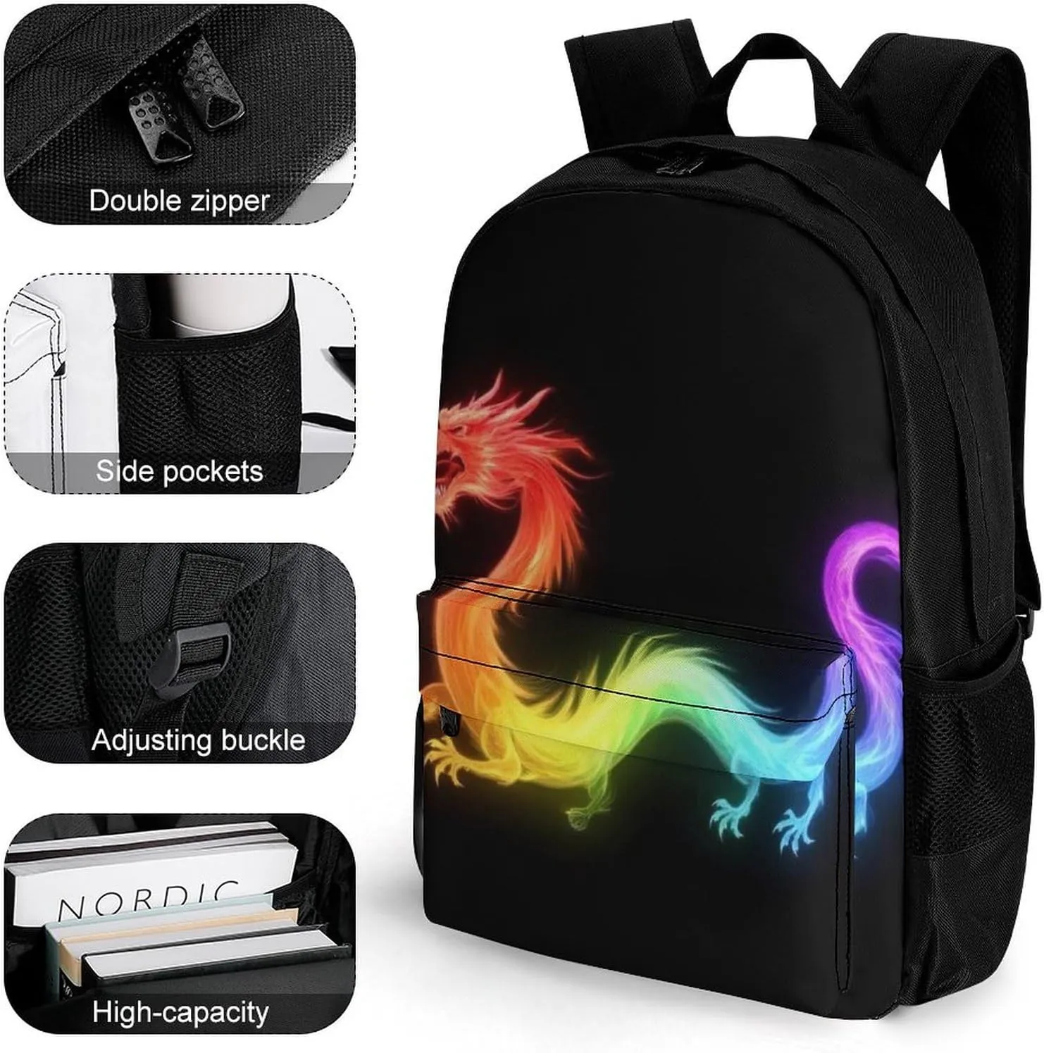 Supdreamc Daypack Anti-Theft Multipurpose Large Capacity Shoulder Bag - Cool Fire Rainbow Dragon Travel Hiking & Camping Rucksack With Smooth Zippers