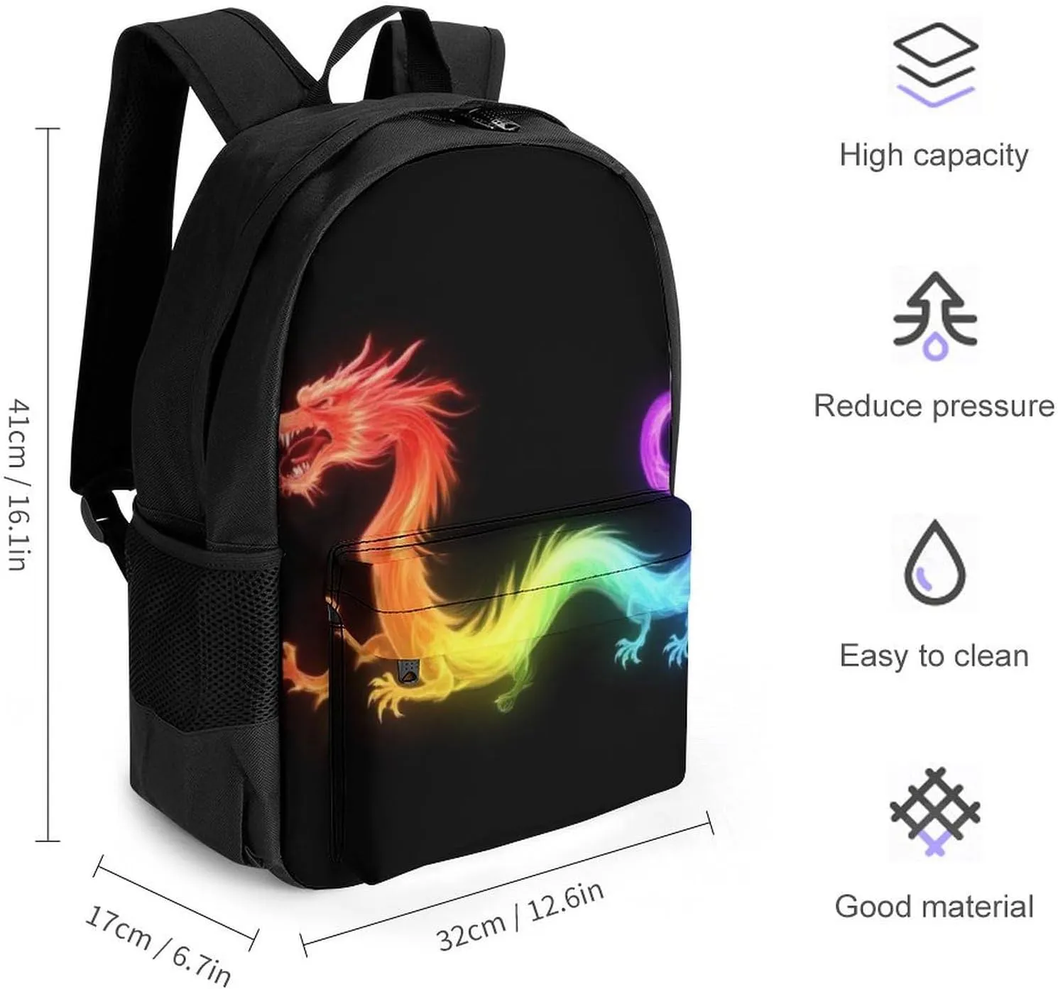 Supdreamc Daypack Anti-Theft Multipurpose Large Capacity Shoulder Bag - Cool Fire Rainbow Dragon Travel Hiking & Camping Rucksack With Smooth Zippers