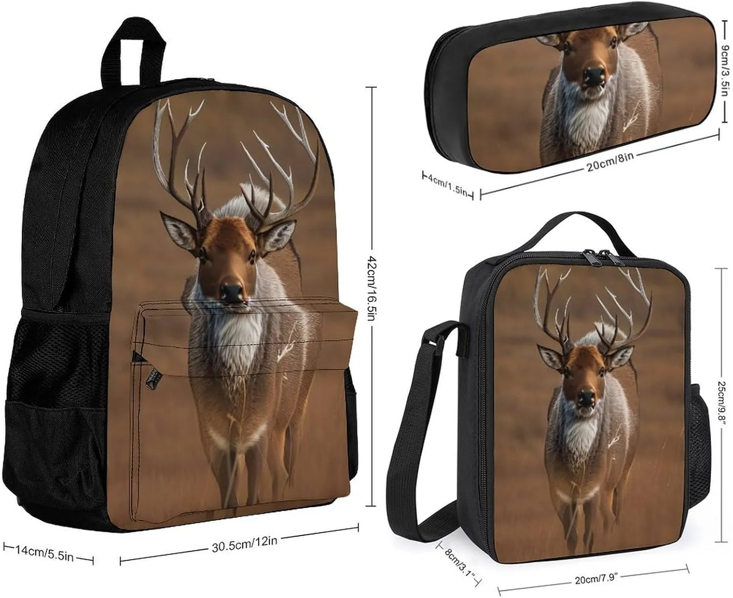 Supdreamc Daypack Backpack Sets, Daypack   Lunch Bag   Pencil Case for Camping Outdoors Cycling, Elk Art Backpack Rucksack for Adults