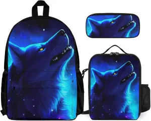 Supdreamc Daypack Backpack Sets, Rucksack   Lunch Bag   Pencil Case for Camping Picnic Bicycle, Blue Universe Galaxy Magic Wolf In The Space Art Camping Outdoor Backpack for Women Men