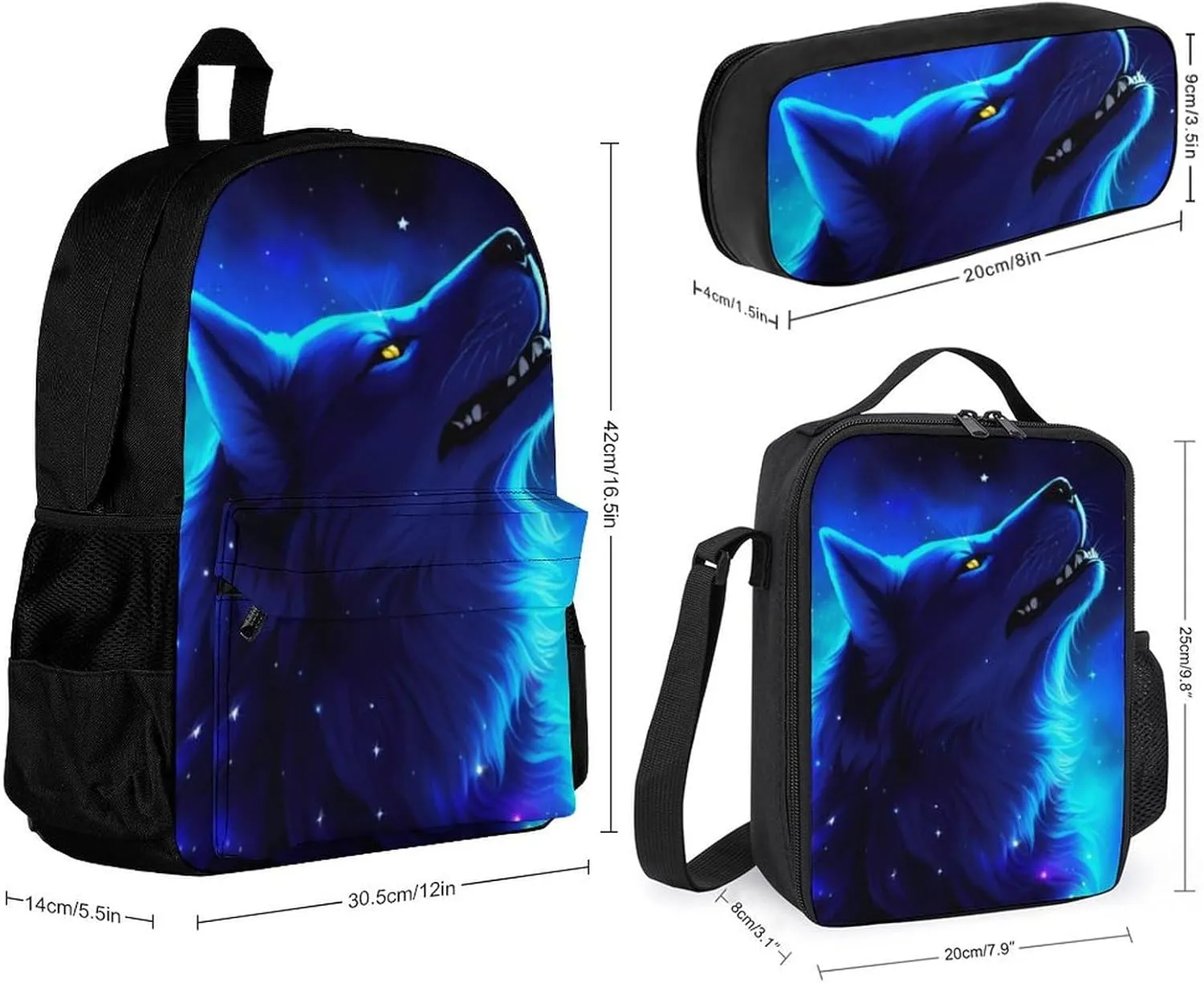 Supdreamc Daypack Backpack Sets, Rucksack   Lunch Bag   Pencil Case for Camping Picnic Bicycle, Blue Universe Galaxy Magic Wolf In The Space Art Camping Outdoor Backpack for Women Men