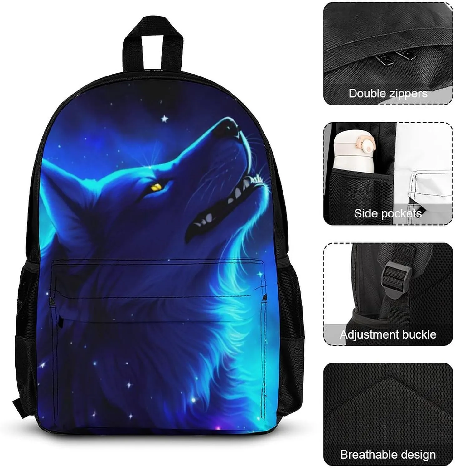 Supdreamc Daypack Backpack Sets, Rucksack   Lunch Bag   Pencil Case for Camping Picnic Bicycle, Blue Universe Galaxy Magic Wolf In The Space Art Camping Outdoor Backpack for Women Men