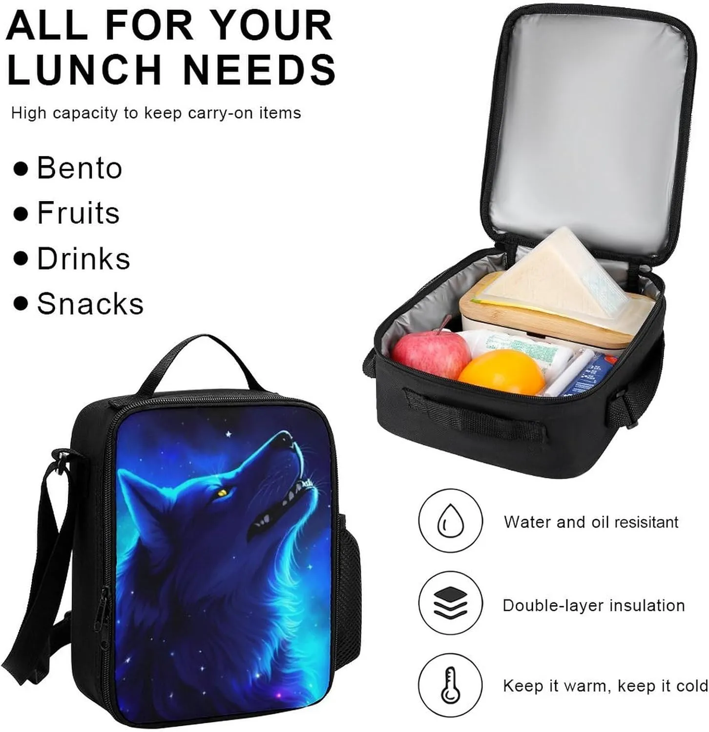 Supdreamc Daypack Backpack Sets, Rucksack   Lunch Bag   Pencil Case for Camping Picnic Bicycle, Blue Universe Galaxy Magic Wolf In The Space Art Camping Outdoor Backpack for Women Men