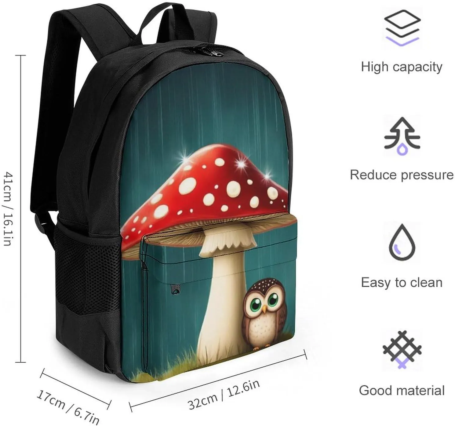 Supdreamc Polyester Daypack Backpack for Climbing Outdoors Running - Big Capacity Multipurpose Anti-Theft Bookbag, Cute Owl Mushroom Travel Hiking & Camping Rucksack