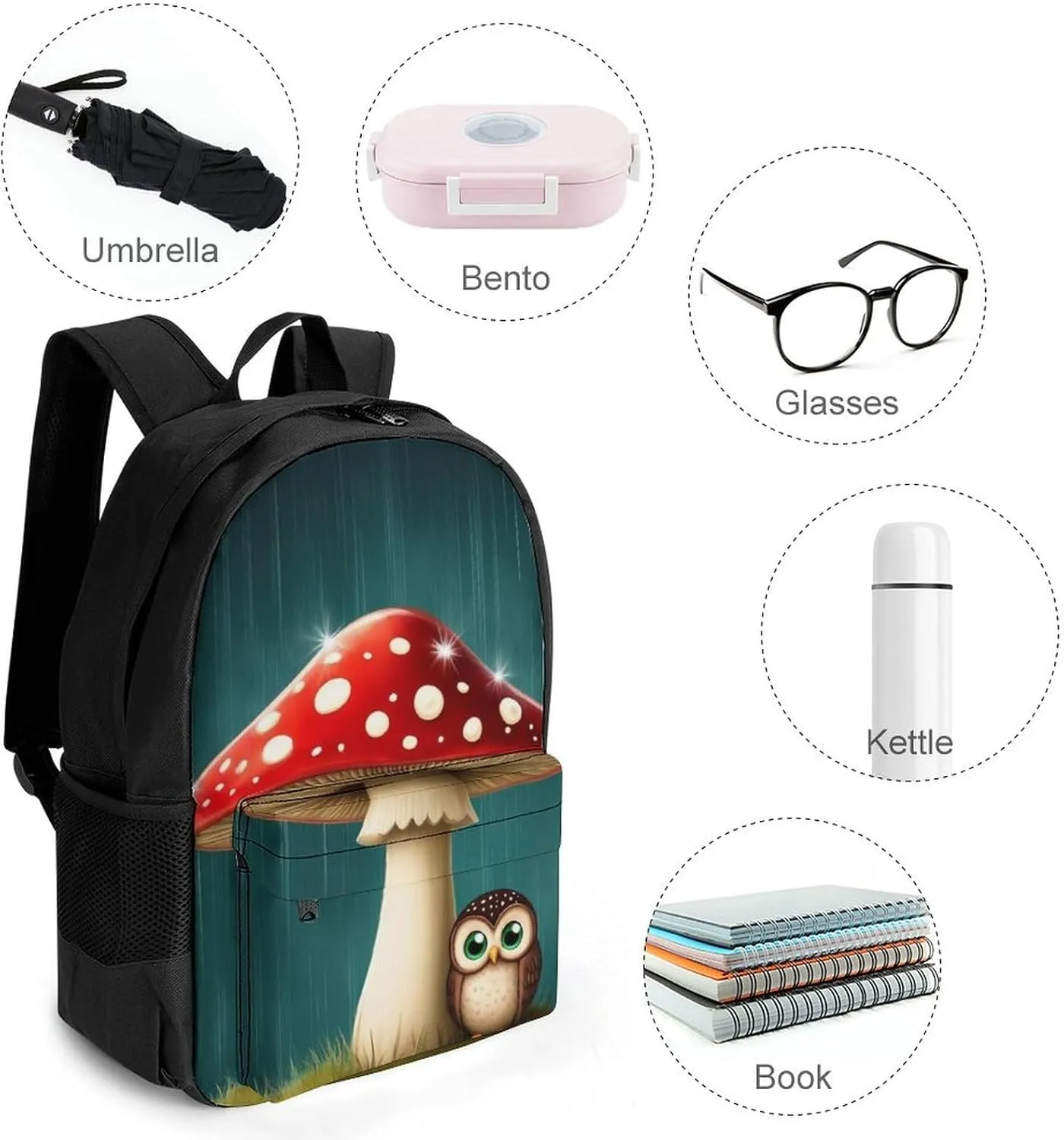 Supdreamc Polyester Daypack Backpack for Climbing Outdoors Running - Big Capacity Multipurpose Anti-Theft Bookbag, Cute Owl Mushroom Travel Hiking & Camping Rucksack
