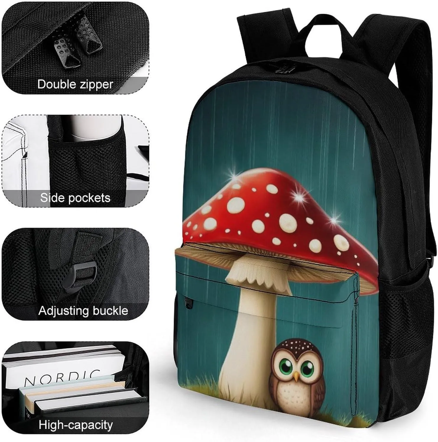 Supdreamc Polyester Daypack Backpack for Climbing Outdoors Running - Big Capacity Multipurpose Anti-Theft Bookbag, Cute Owl Mushroom Travel Hiking & Camping Rucksack