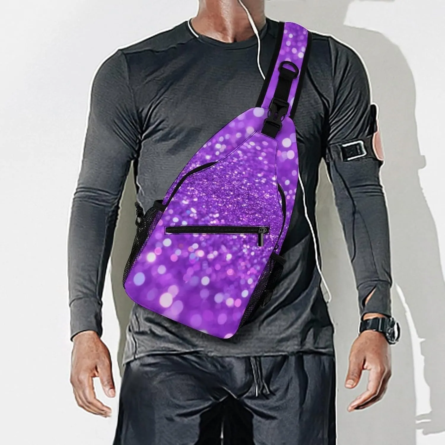 Supdreamc Sling Shoulder Backpack for Men Women Multipurpose Anti-Theft Outdoor Sport Daypack Travel Bag Tactical Satchel, Bling Purple Glitter Art Crossbody Rucksack