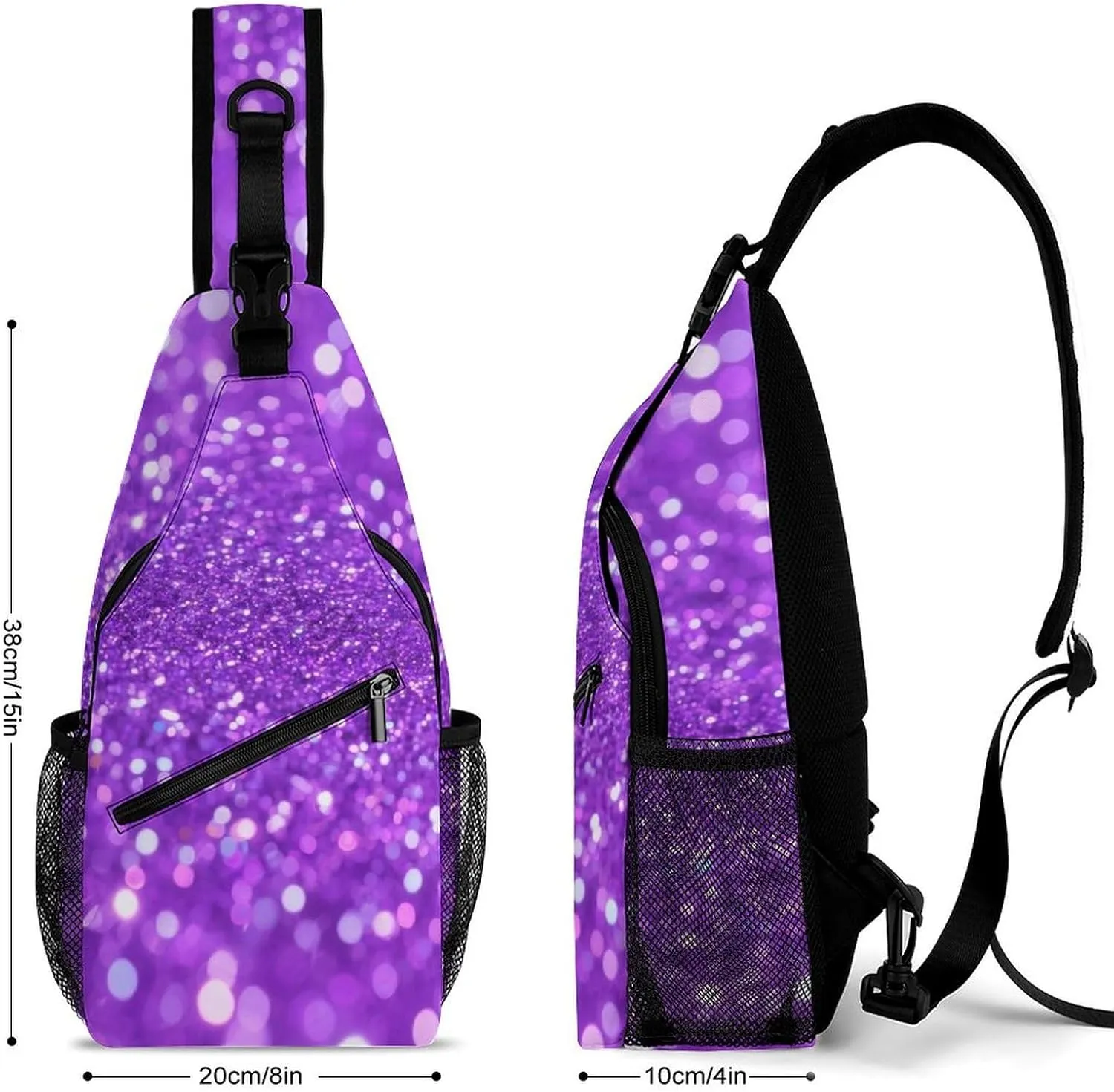 Supdreamc Sling Shoulder Backpack for Men Women Multipurpose Anti-Theft Outdoor Sport Daypack Travel Bag Tactical Satchel, Bling Purple Glitter Art Crossbody Rucksack