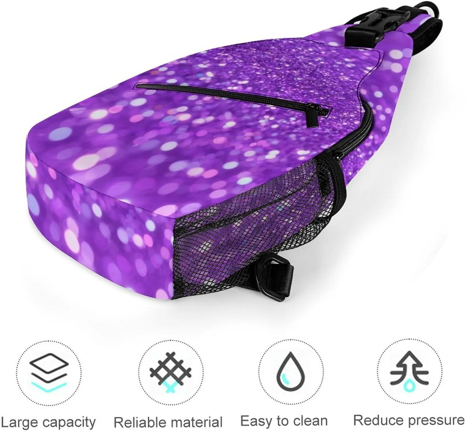 Supdreamc Sling Shoulder Backpack for Men Women Multipurpose Anti-Theft Outdoor Sport Daypack Travel Bag Tactical Satchel, Bling Purple Glitter Art Crossbody Rucksack