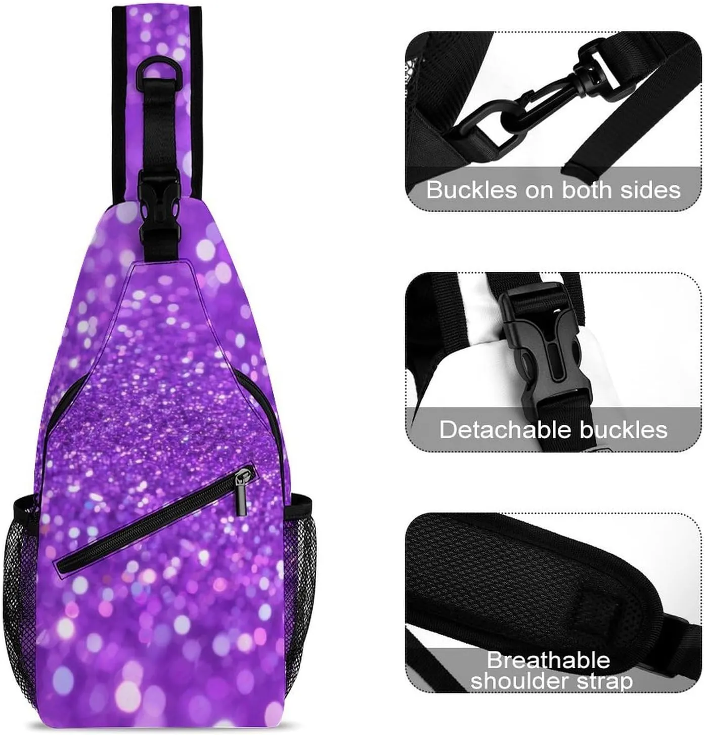 Supdreamc Sling Shoulder Backpack for Men Women Multipurpose Anti-Theft Outdoor Sport Daypack Travel Bag Tactical Satchel, Bling Purple Glitter Art Crossbody Rucksack