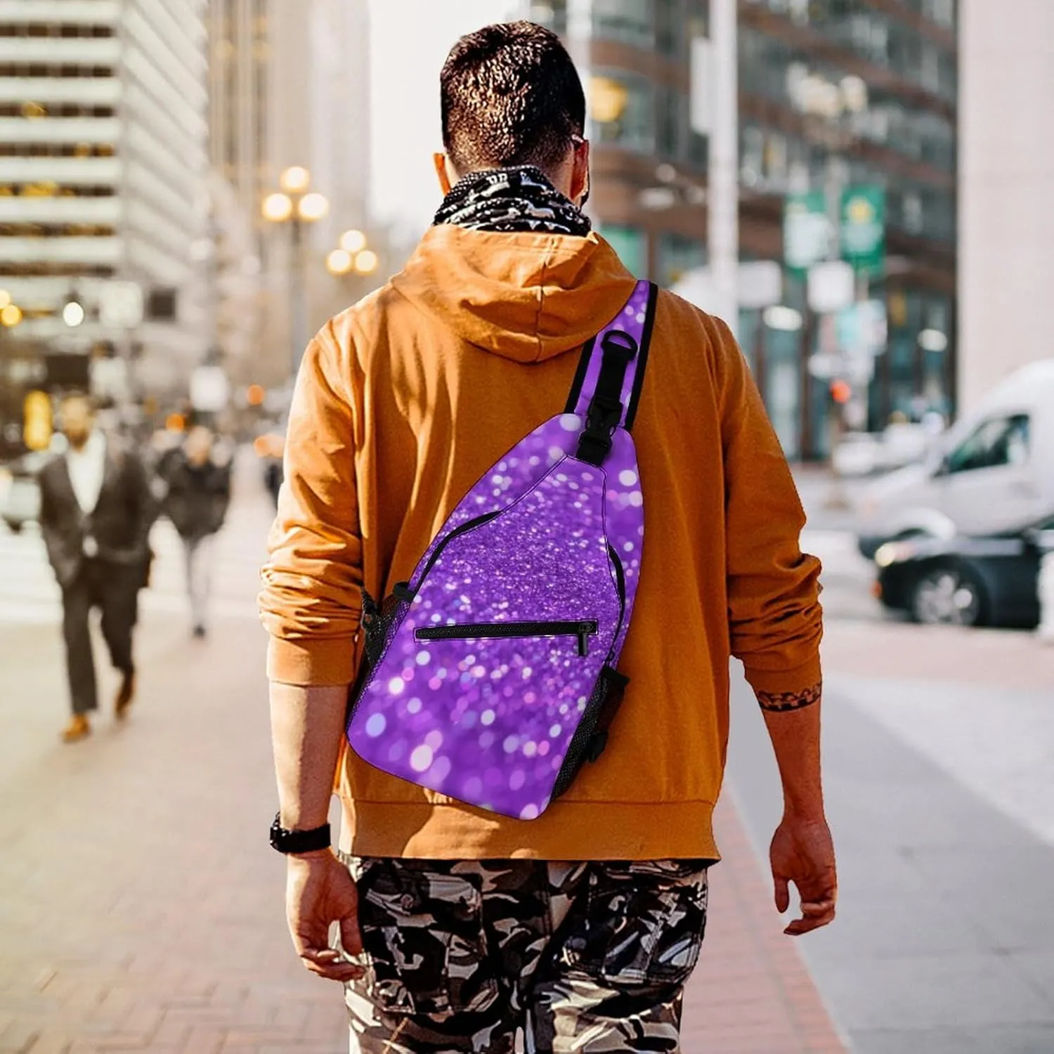Supdreamc Sling Shoulder Backpack for Men Women Multipurpose Anti-Theft Outdoor Sport Daypack Travel Bag Tactical Satchel, Bling Purple Glitter Art Crossbody Rucksack