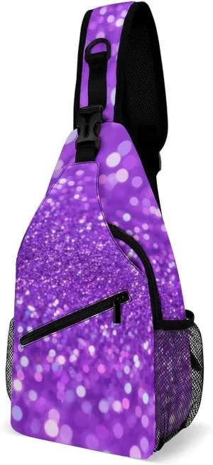 Supdreamc Sling Shoulder Backpack for Men Women Multipurpose Anti-Theft Outdoor Sport Daypack Travel Bag Tactical Satchel, Bling Purple Glitter Art Crossbody Rucksack
