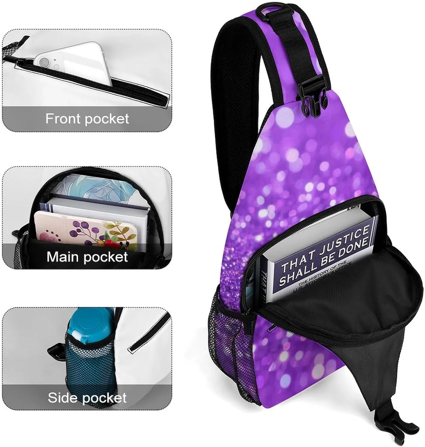 Supdreamc Sling Shoulder Backpack for Men Women Multipurpose Anti-Theft Outdoor Sport Daypack Travel Bag Tactical Satchel, Bling Purple Glitter Art Crossbody Rucksack