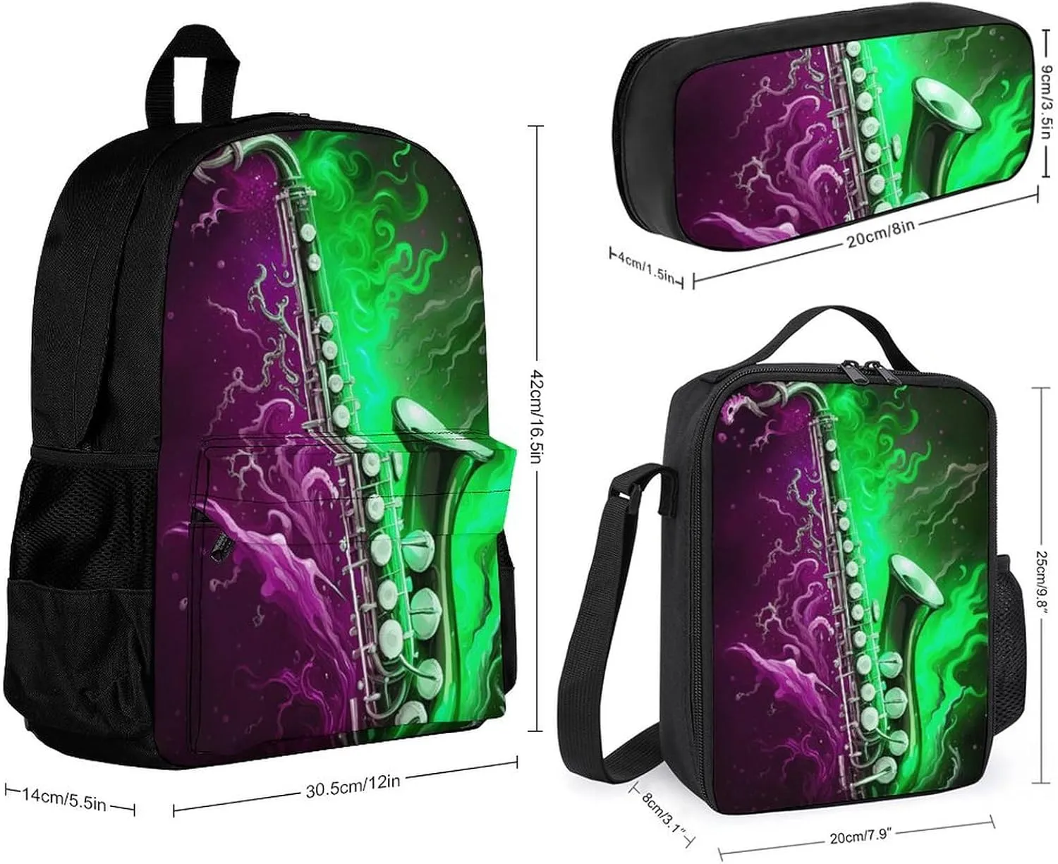 Supdreamc Travel Hiking Bag & Day Pack 3 Piece Daypack Sets Shoulder Bag Big Capacity Rucksack Saxophone In Fire And Water Art Daypack Backpack for Men and Women