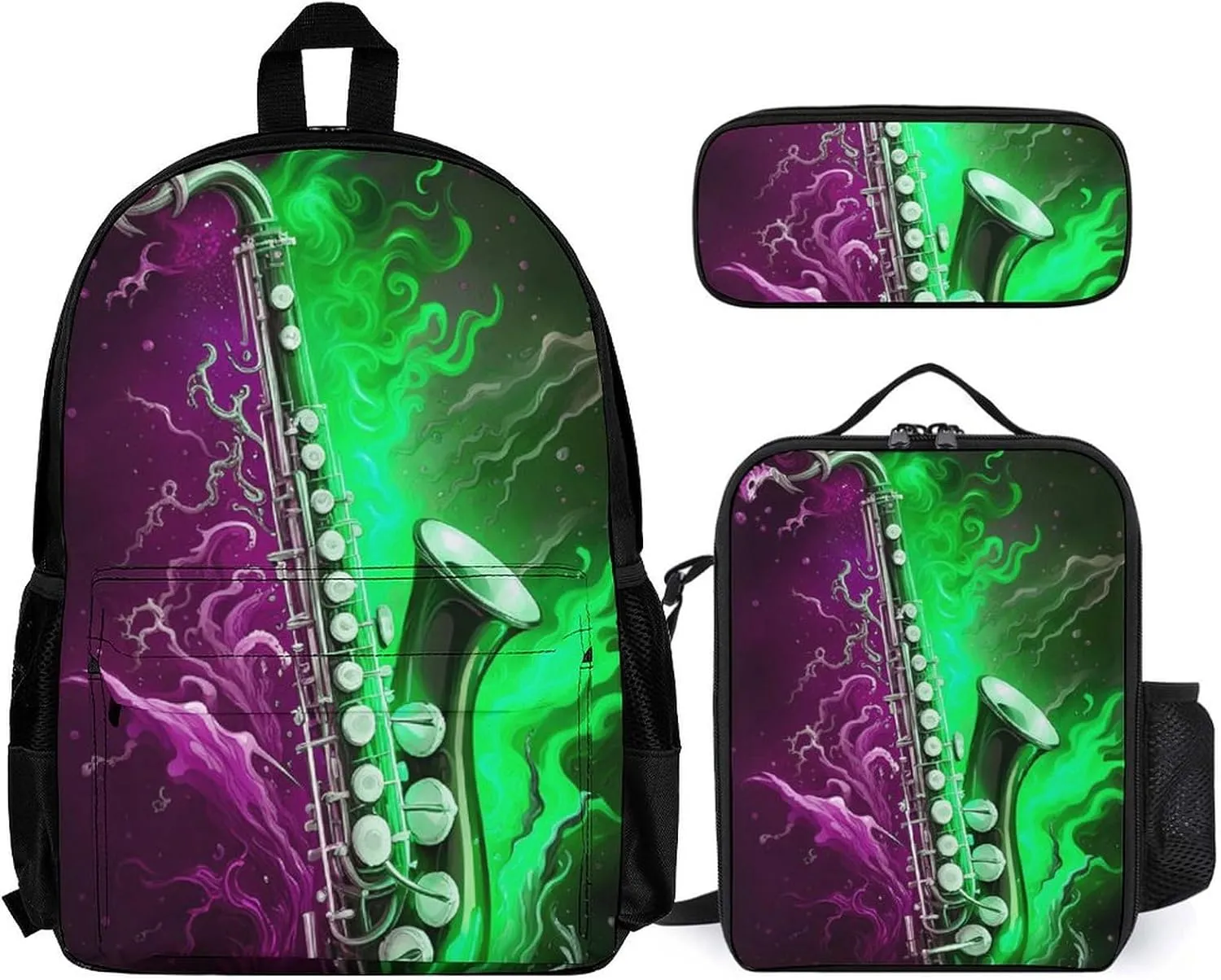 Supdreamc Travel Hiking Bag & Day Pack 3 Piece Daypack Sets Shoulder Bag Big Capacity Rucksack Saxophone In Fire And Water Art Daypack Backpack for Men and Women