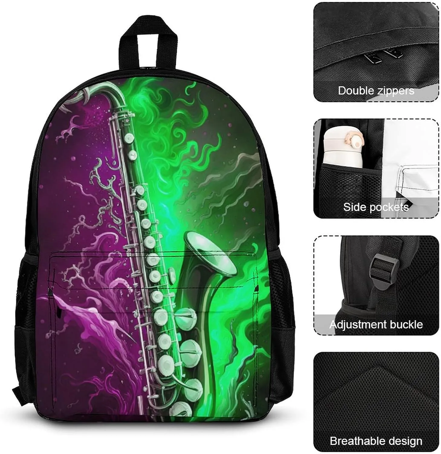 Supdreamc Travel Hiking Bag & Day Pack 3 Piece Daypack Sets Shoulder Bag Big Capacity Rucksack Saxophone In Fire And Water Art Daypack Backpack for Men and Women