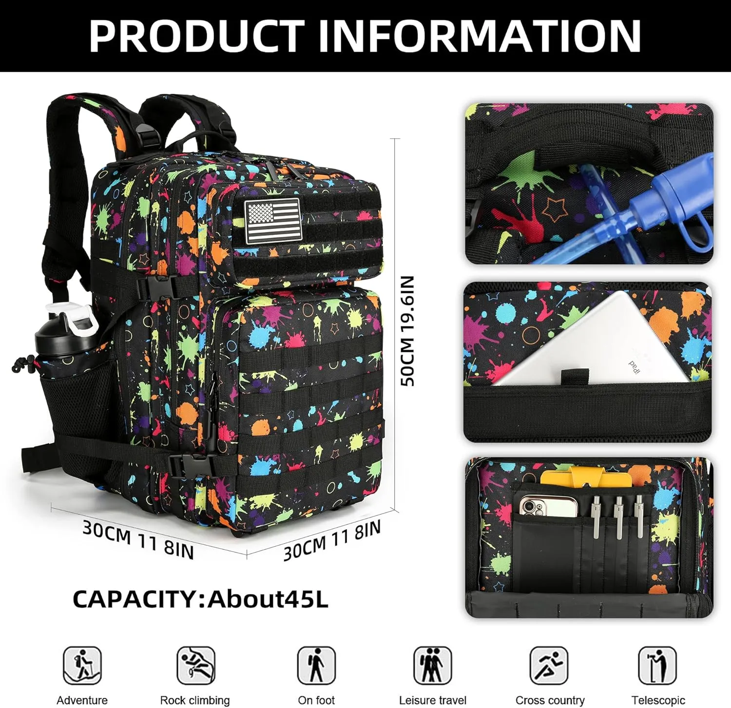 Tactical Assault Backpack - 45L 3 Day Assault Pack with MOLLE, Waterproof Rucksack - Fluorescent Tie Dye